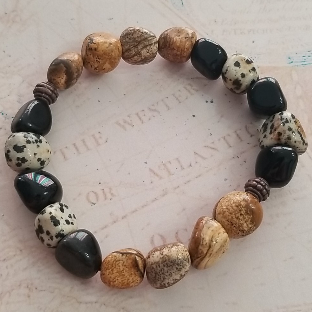 Dalmatian/Picture Jasper, Black Obsidian bracele